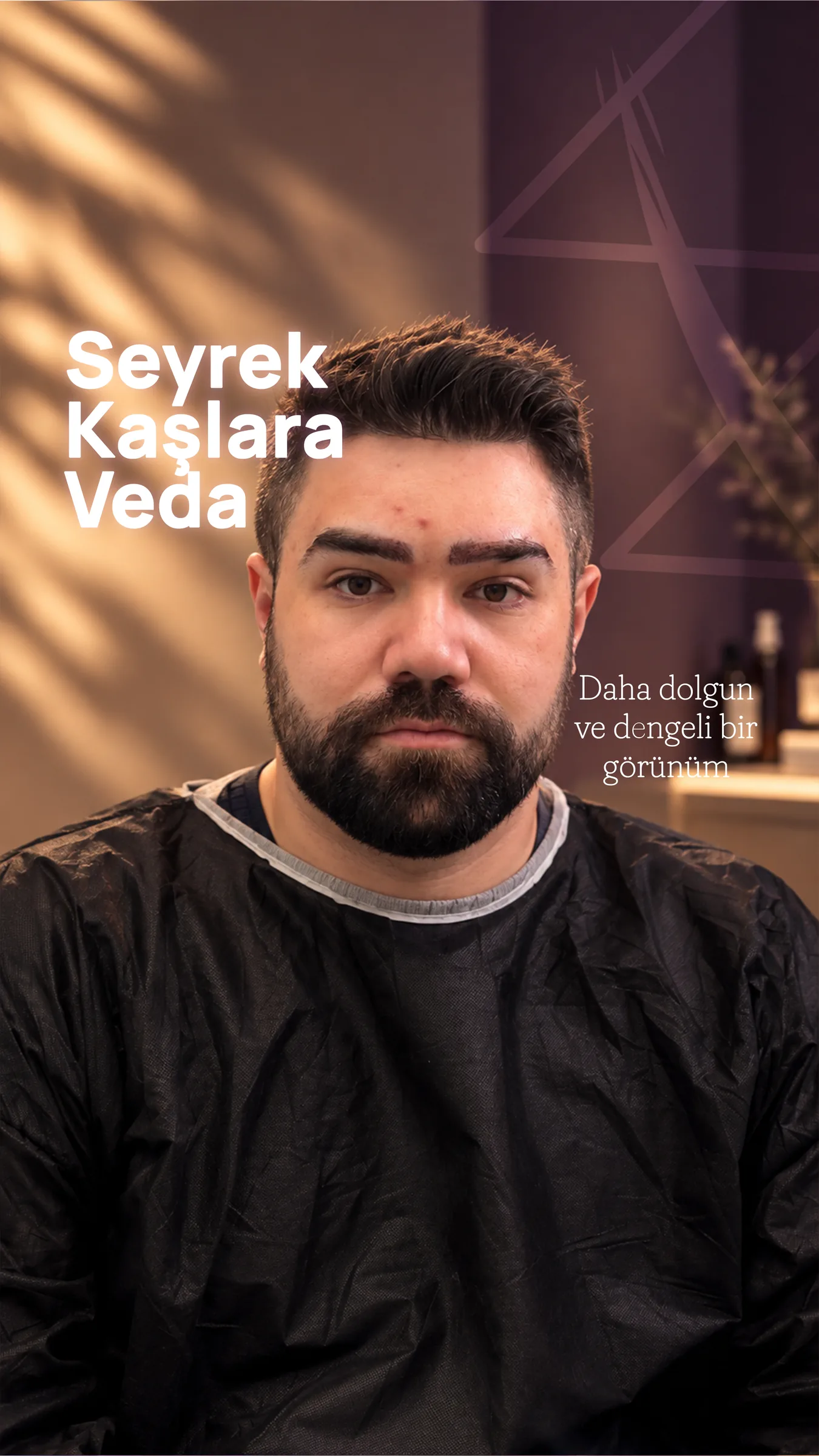 Erkek bir hastanın cepheden portresi; üzerinde “Seyrek Kaşlara Veda — daha dolgun ve dengeli bir görünüm” yazıyor.